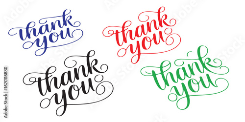 A colorful assortment of thank you typography in blue red black and green on a white background
