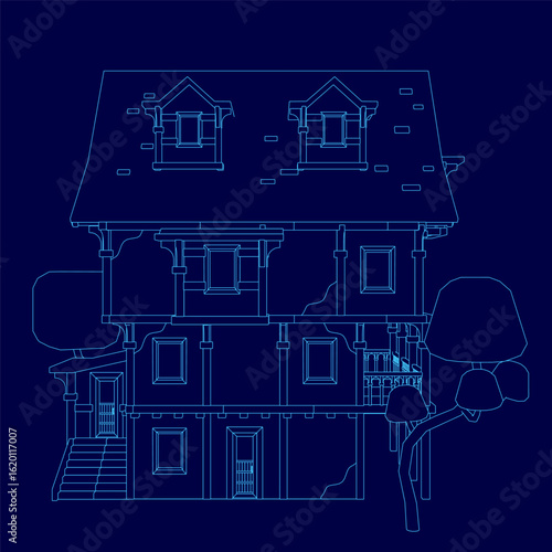 A detailed house blueprint features clean architectural lines and precise measurements. A tree contour adds natural contrast in the foreground. The dark blue background enhances the technical drawing.