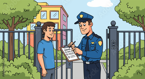 Friendly Officer Checking Guest's Identity at a Residential Gate