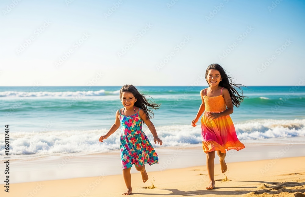 Smiling girls run barefoot along ocean shore chasing waves and laughter under sunny skies, filled with joy of summer freedom Smiling girls run barefoot along ocean shore chasing waves and laughter under sunny skies, filled with joy of summer freedom