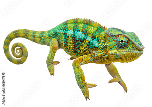 Wallpaper Mural Close-up of a vibrant green and yellow chameleon with a curled tail, isolated on a white background. Torontodigital.ca