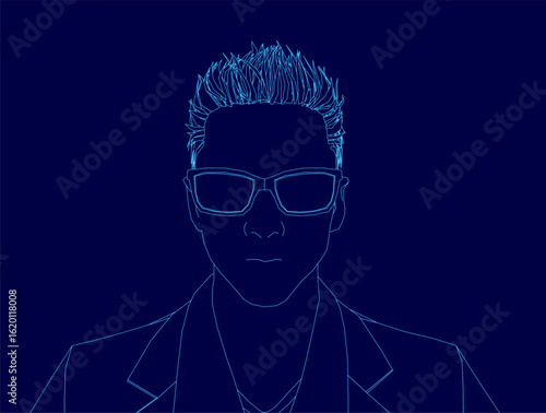 A stylish man in a sharp suit and sunglasses stands confidently against a blue background. His contour is well-defined, exuding sophistication and modern elegance.