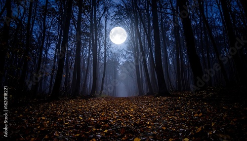 Misty forest path under the full moon