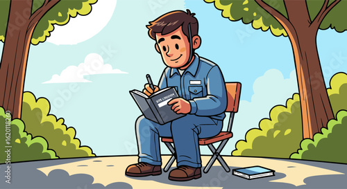 Man in Blue Workwear Completing Site Logbook Outdoors