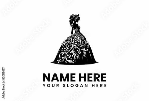 Silhouette of a crowned woman in a swirling floral gown side profile.