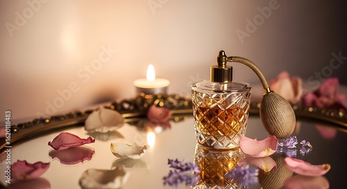 Elegant vintage perfume bottle with a classic atomizer spray in a romantic setting with candlelight and floral petals.