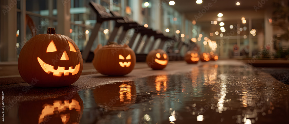 Fototapeta premium Jack-O'-Lanterns Decorate Gym Treadmills During Halloween Evening Workout