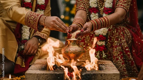 Couple Pouring Grain Into Fire During Ceremony at Wedding