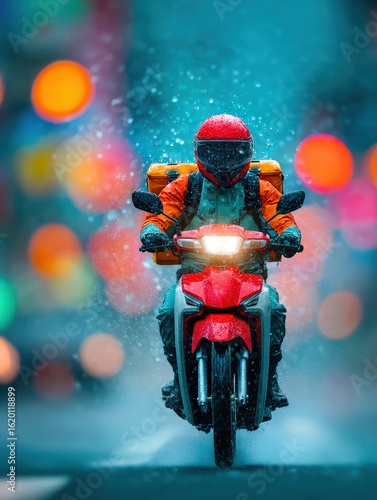 Rainy Weather Delivery by Motorcycle Courier in Protective Gear