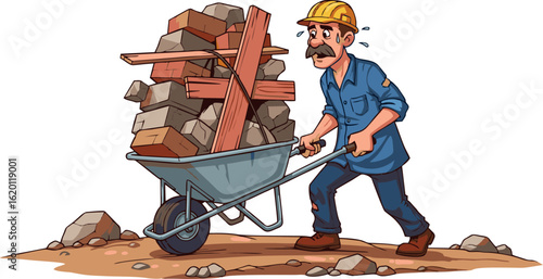 Stressed Construction Worker Pushing Overloaded Wheelbarrow of Building Materials.