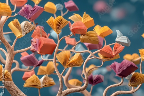 Books bloom like colorful leaves on a stylized tree