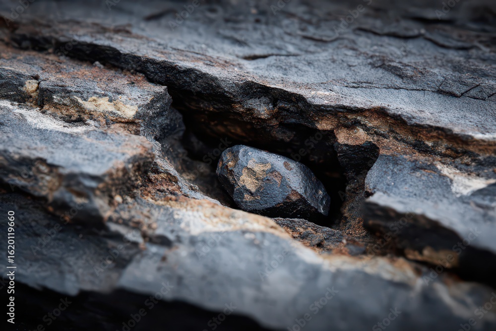 Fototapeta premium Meteorite embedded in ancient rock fissure reveals history of cosmic impacts on Earth during modern times and the age of dinosaurs
