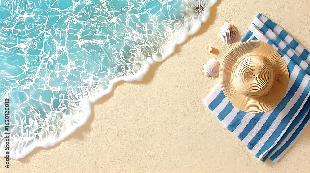 Obraz premium Top View Summer Beach Background with Straw Hat, Shells, and Towel by the Sea