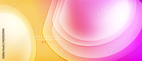 Abstract background features overlapping rounded shapes. Yellow, pink hues blend smoothly creating modern design. Soft gradients dominate composition.