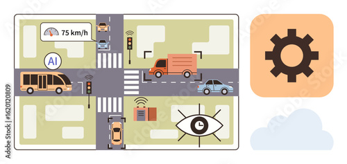 AI-regulated traffic with cars, buses, and trucks, pedestrian crossings, sensors, icons for cloud and settings. Ideal for technology, automation, AI transportation safety optimization data flow