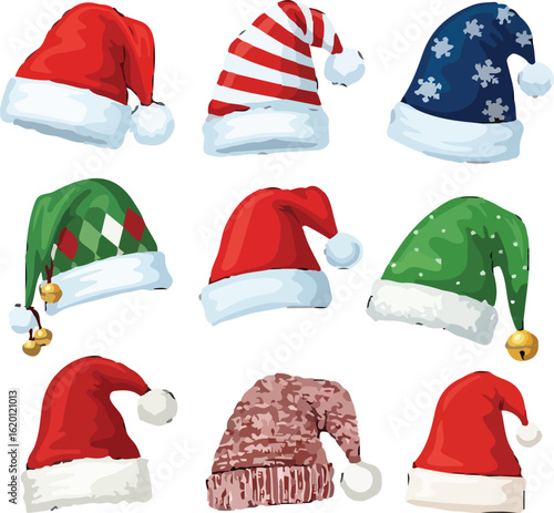 A collection of christmas hats in various designs and colors