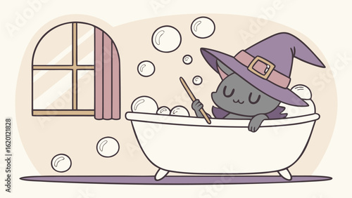 A cute grey witch cat wearing a purple hat enjoys a bubbly bath with a magic wand looking cozy and relaxed by a window