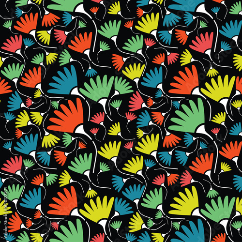 Seamless pattern with stylized colorful flowers on a black background. Vibrant and abstract design ideal for fabric, wallpaper, and modern digital projects.