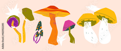 Collection of colorful abstract mushroom illustrations. Hand drawn vector set for modern decor, autumn designs, nature-inspired art, or creative surface patterns