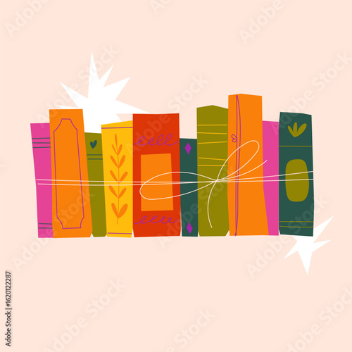 Stack of colorful books tied with string. Cozy autumn-themed vector for book lovers, reading lists, education, library design, or seasonal literature content