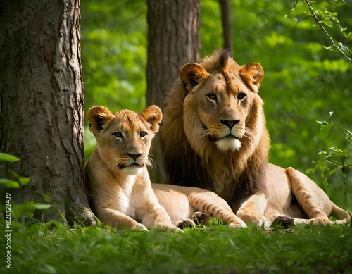 A pair of lions with their cute babies is nestled between trees in a thick forest during the summer, near a lake.