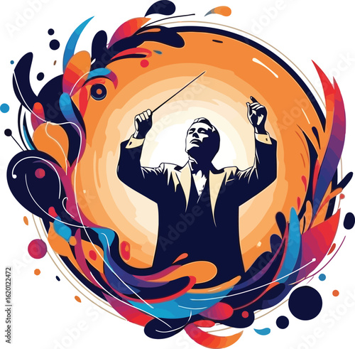 Elegant vector of a male conductor in tuxedo with a baton, surrounded by swirling colorful musical notes. Ideal for music education, concert posters, and creative illustrations.