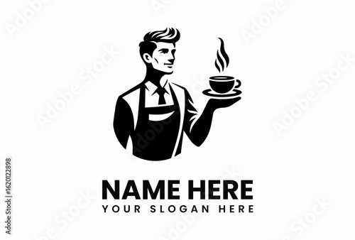 Stylized barista holding steaming coffee cup wearing apron and tie looking to the side.