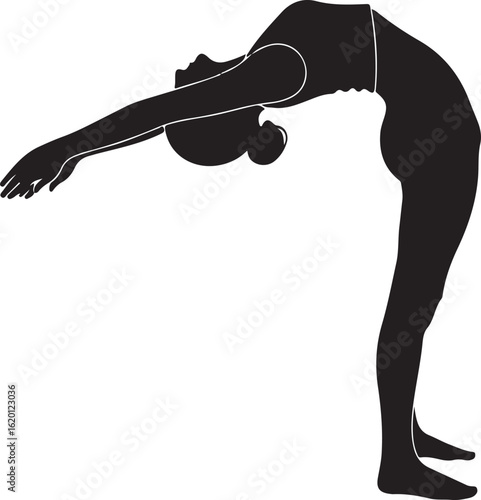 Black silhouette of woman performing yoga camel pose stretching