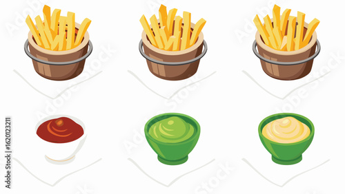 Three buckets of french fries and three bowls of dipping sauces on white napkins are displayed here