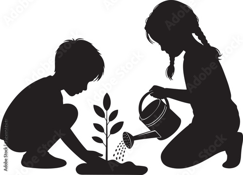 Silhouette of Children Planting a Tree Together Symbolizing Growth and Environmental Stewardship Vector