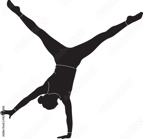 Silhouette of a woman performing a handstand split in black and white gymnastics