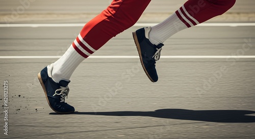 Close up of legs in motion with red pants and striped socks running on a gray paved surface outdoors