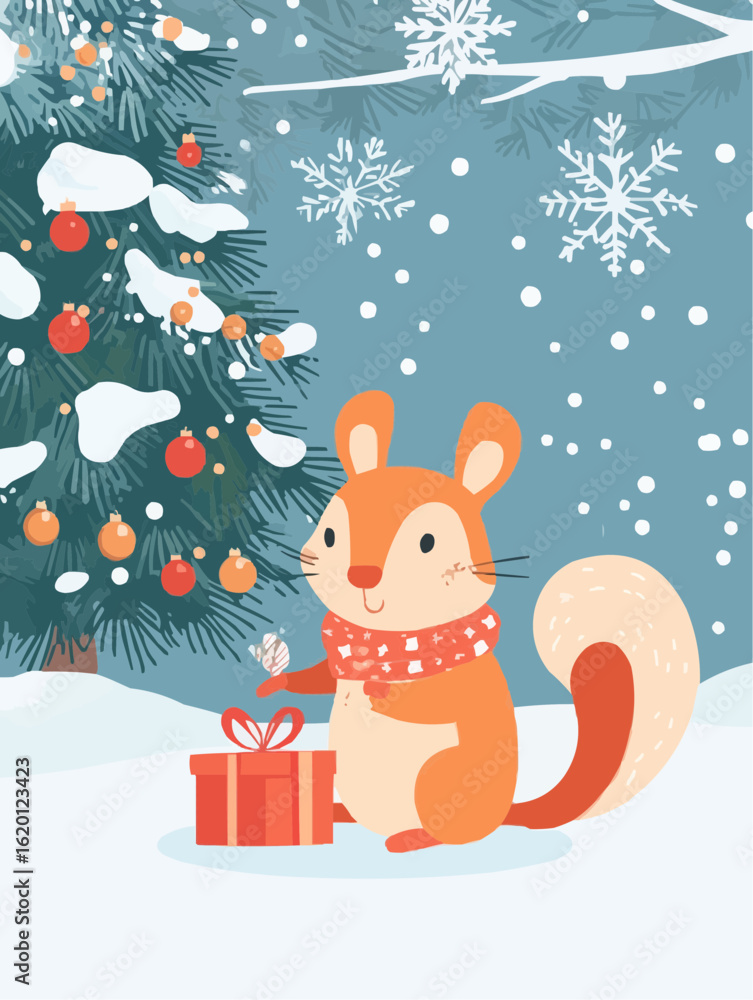 Naklejka premium Minimal flat squirrel with gift under a Christmas tree, great for holiday tags, DIY printables and festive crafts