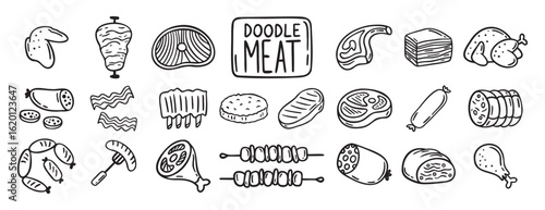 meat, pieces of meat and meat products doodle hand drawn icon set. Outline drawing meat products line clipart symbol collection