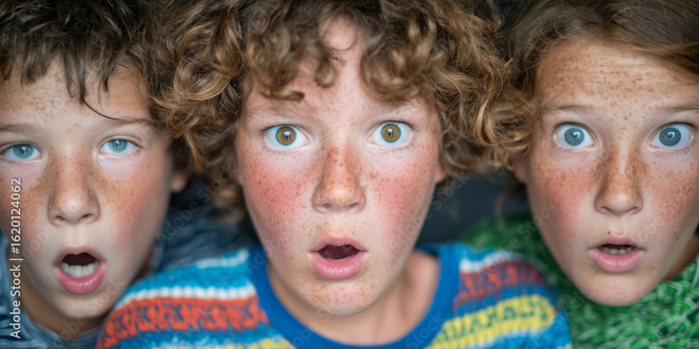 Fototapeta premium Three children with curly hair and freckles display wide-eyed astonishment. Their varied clothing features bright colors, contrasting with their serious expressions.