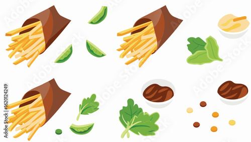 Illustration showing french fries in paper cones with lime wedges, sauces and leafy greens spread out