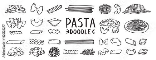 Pasta, spaghetti, vermicelli, macaroni feathers, horns, shells, butterflies doodle hand drawn icon set. Outline drawing wheat dough food line clipart symbol collection