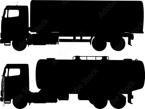 A clean, black and white illustration of a tanker truck viewed from the side. The tank is a simple elongated oval resting on a rectangular base, with the cab and wheels drawn in pure geometric forms. 