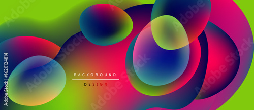 Vibrant fluid shapes overlap. Colors blendgreen, pink, blue, purple. Modern design evokes energy, movement, depth. Background features text.