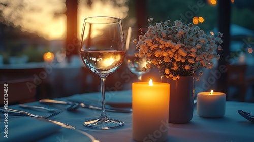 Romantic outdoor dinner table setup with wine glasses flowers and candles at sunset evening photo