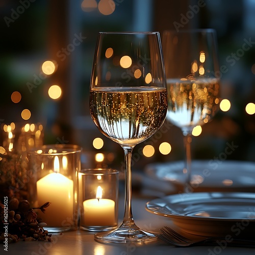 Romantic ambiance with candles and wine glasses set on a table at a special event photo