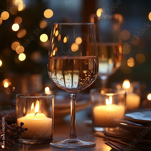 Romantic candlelit dinner setting with champagne glass and warm bokeh lights in a photo