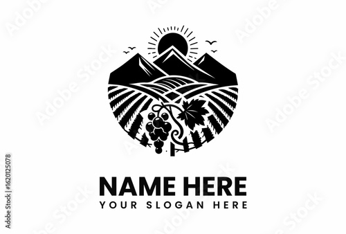 Vineyard Crest Black and White Graphic with Grapes Mountains and Rising Sun.