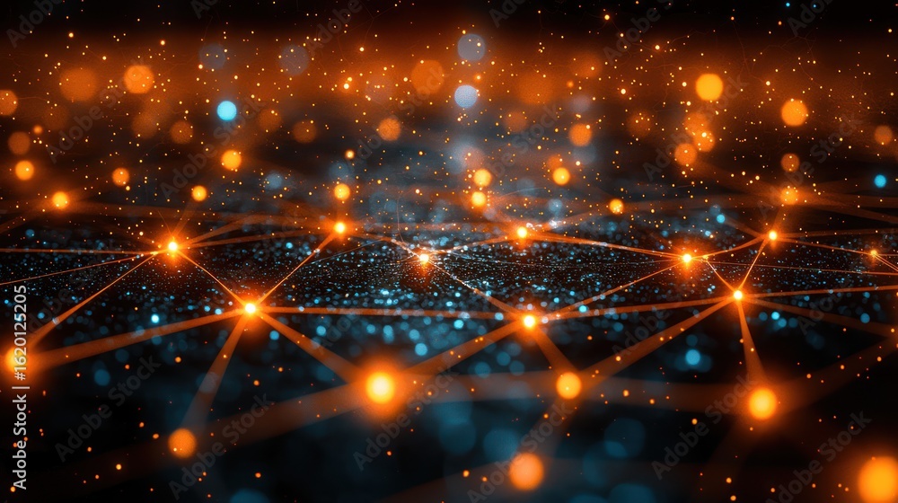 Fototapeta premium Global network connection, digital data flow, glowing nodes, dark background, technology concept