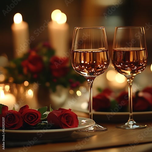 Romantic dinner setting with wine glasses red roses and glowing candles photo