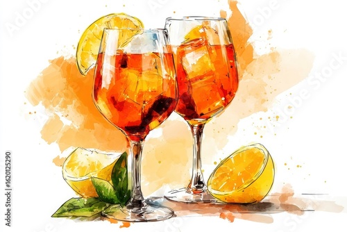 Two wine glasses filled with an orange liquid ice and lemon slices depicted in a watercolor style