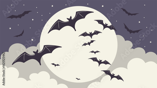 A spooky halloween scene with silhouetted bats flying across a large full moon under a starry night sky with clouds