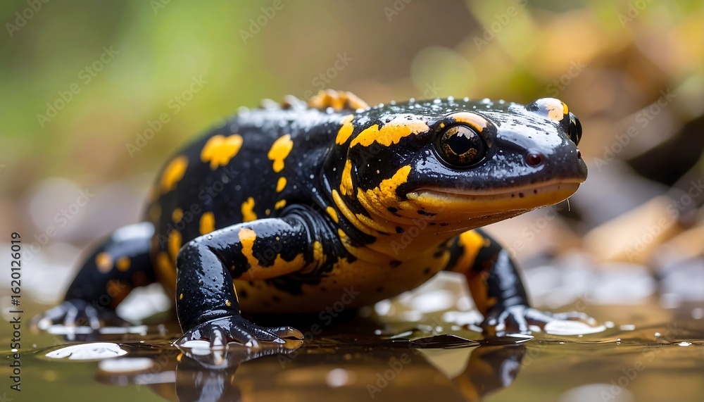 Fototapeta premium A stunning close-up of a fire salamander in its natural habitat environment