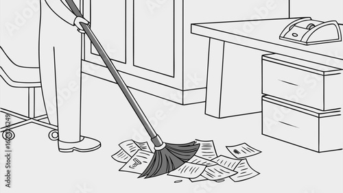 Office worker cleaning up scattered papers on the floor with a broom symbolizing tidiness and organization in the workplace