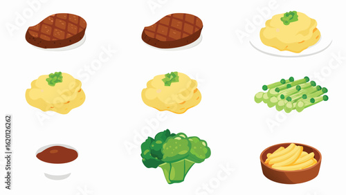 Illustration of a steak dinner with mashed potatoes asparagus broccoli fries and a side of sauce on white